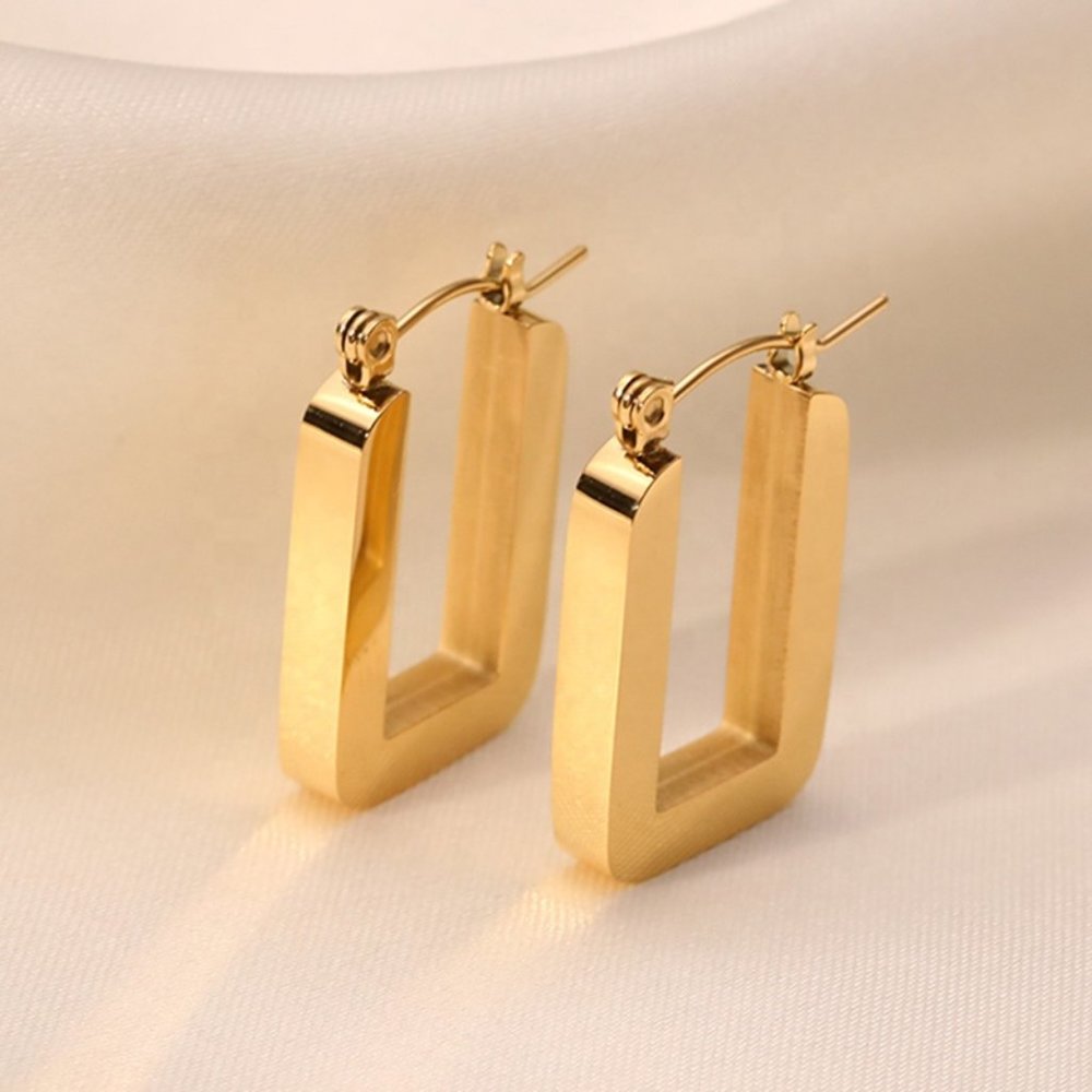 Square U-Shape Hoop Earrings PVD 18K Gold Plated Stainless Steel - Picture 6 of 10